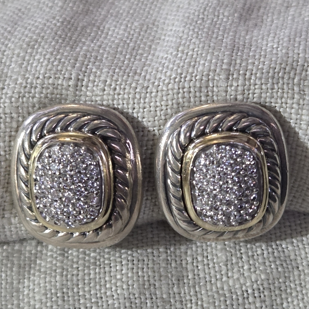David Yurman Pave Diamond Albion Earrings, SS & 14k, Omega Backs - Picture 2 of 13